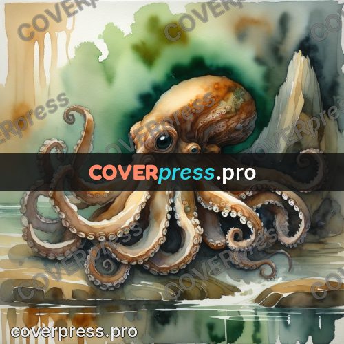 Watercolor illustration: octopus on the rocks