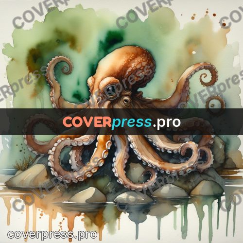 Watercolor illustration: octopus on the rocks