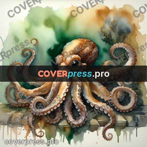 Watercolor illustration: octopus on the rocks