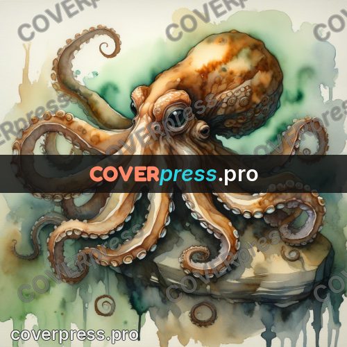 Watercolor illustration: octopus on the rocks