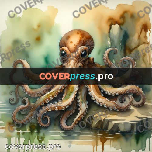Watercolor illustration: octopus on the rocks