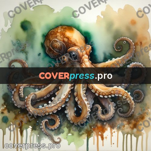 Watercolor illustration: octopus on the rocks