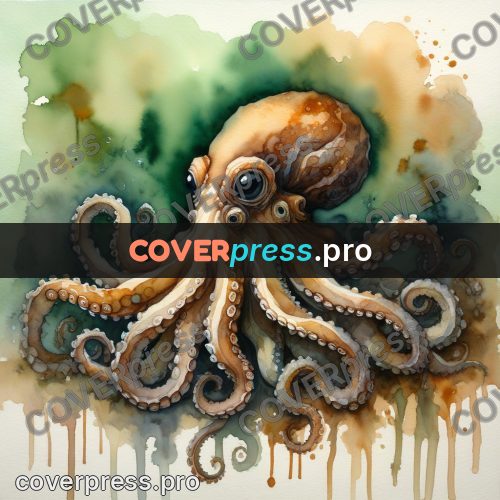 Watercolor illustration: octopus on the rocks