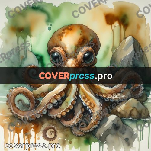 Watercolor illustration: octopus on the rocks