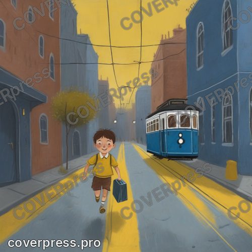 В стиле Восковые мелки: густой синий вечер, мальчик выбегает из освещённого подъезда, портфель прыгает за спиной