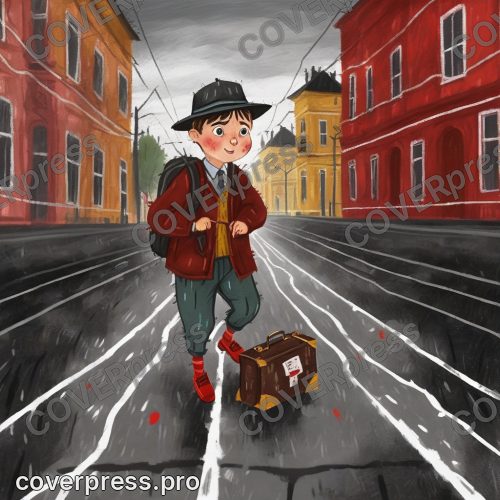 В стиле Восковые мелки: мальчик бежит вдоль мокрых рельсов, шапка сползла на глаза, портфель бьётся о бок