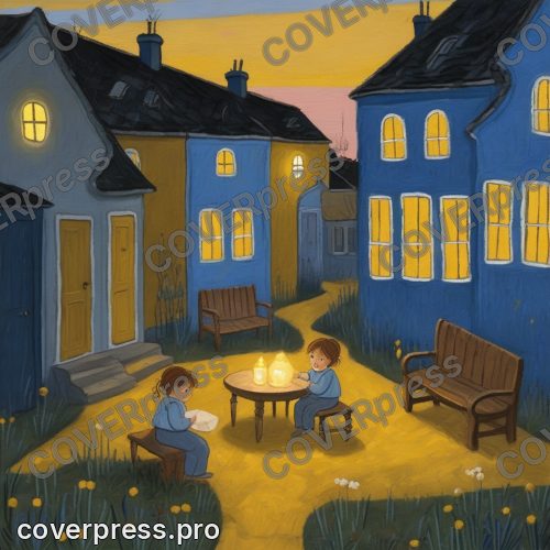 В стиле Восковые мелки: синий вечерний двор между наивно нарисованными домами, окна светятся тёплым жёлтым