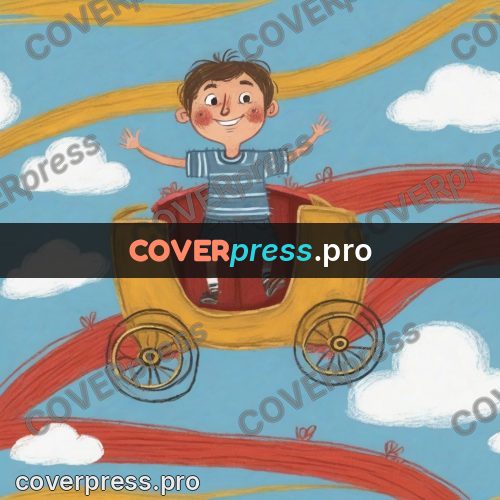 Wax crayon drawing: boy on a colourful track