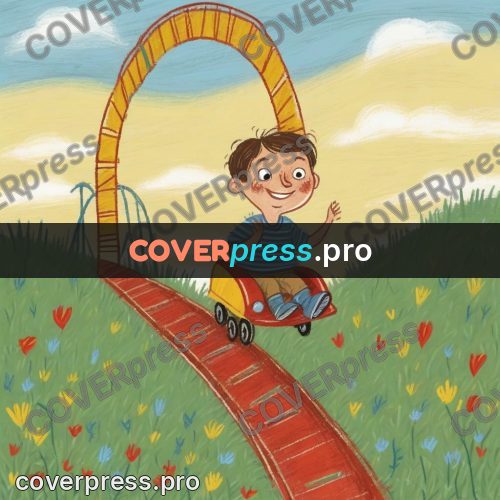 Wax crayon drawing: boy on a colourful track