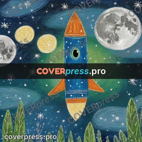 Wax crayon drawing: rocket in a starry sky