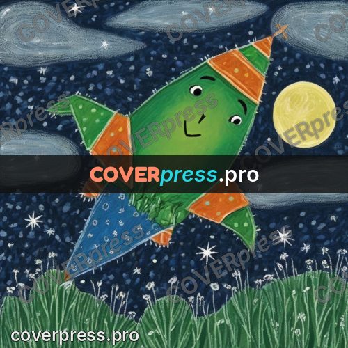 Wax crayon drawing: rocket in a starry sky