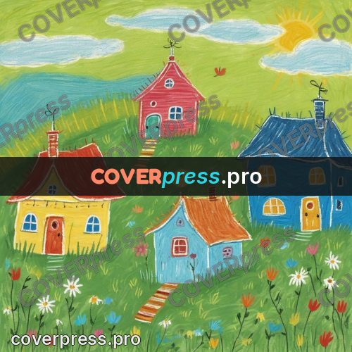 Wax crayon drawing: houses on a green hill