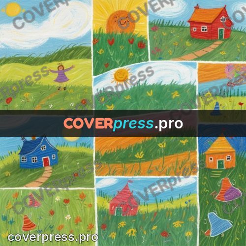 Wax crayon drawing: houses on a green hill