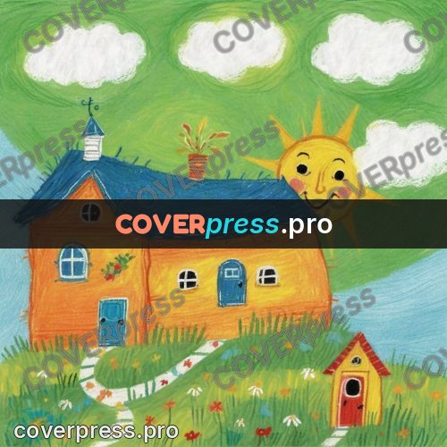 Wax crayon drawing: houses on a green hill