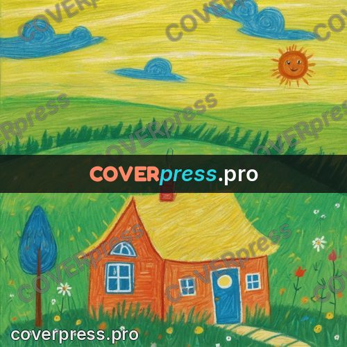 Wax crayon drawing: houses on a green hill