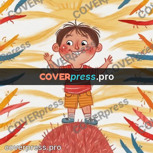 Wax crayon drawing: smiling child among rays