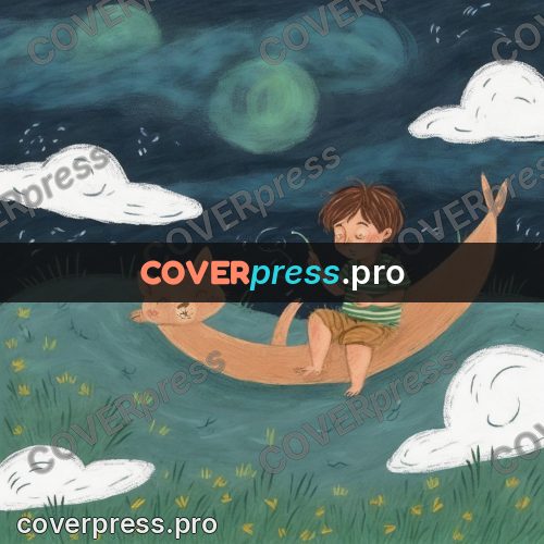 Wax crayon drawing: boy with an animal at night