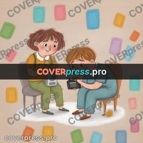 Wax crayon drawing: children holding a toy