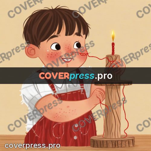 Wax crayon drawing: hands holding a thread spool