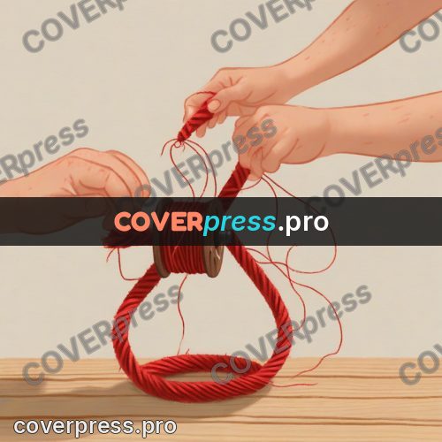 Wax crayon drawing: hands holding a thread spool