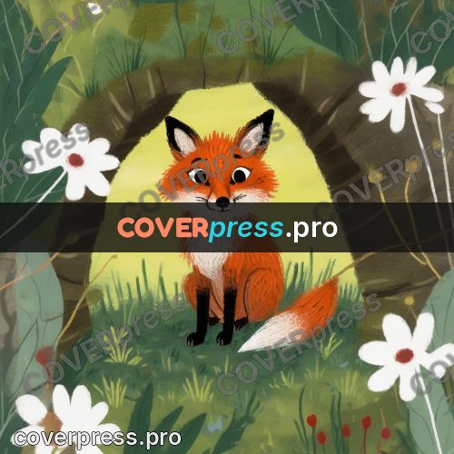 Wax crayon drawing: fox cub sitting in a den