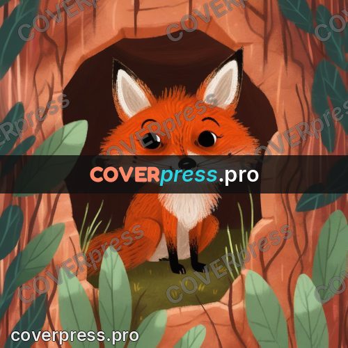 Wax crayon drawing: fox cub sitting in a den