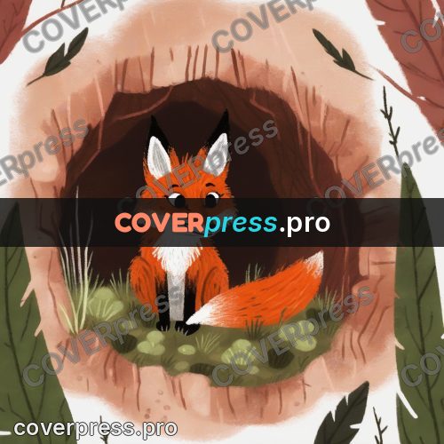 Wax crayon drawing: fox cub sitting in a den