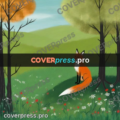 Wax crayon drawing: fox cub in a forest clearing