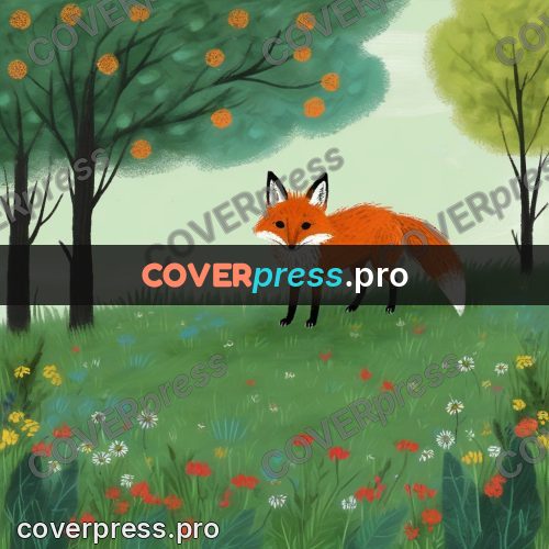 Wax crayon drawing: fox cub in a forest clearing