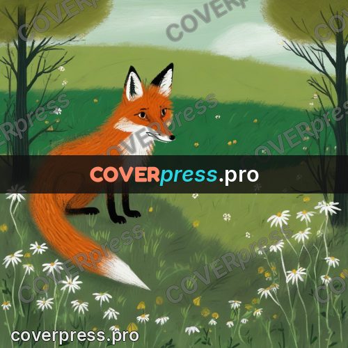 Wax crayon drawing: fox cub in a forest clearing