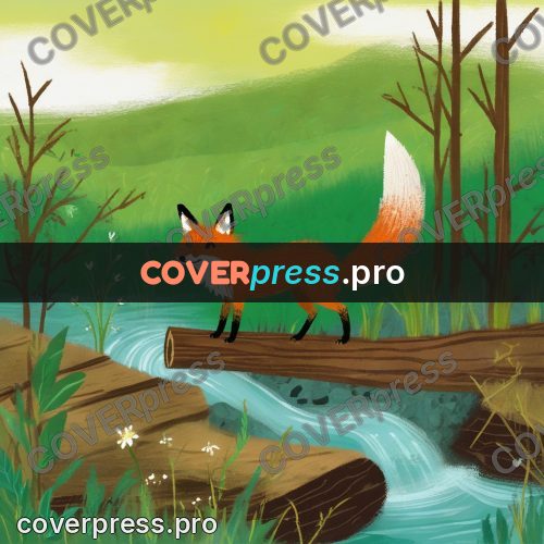 Wax crayon drawing: fox cub by a stream