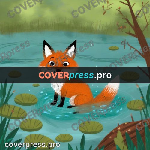 Wax crayon drawing: fox cub by a stream