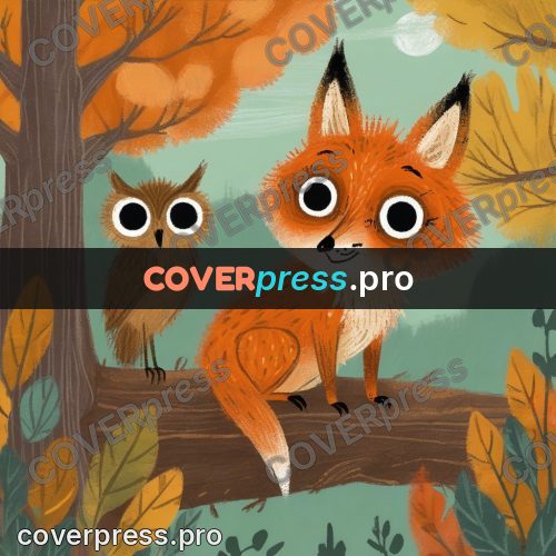 Wax crayon drawing: fox cub on a tree branch
