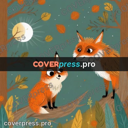 Wax crayon drawing: fox cub on a tree branch