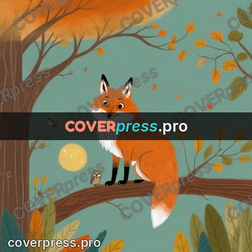 Wax crayon drawing: fox cub on a tree branch