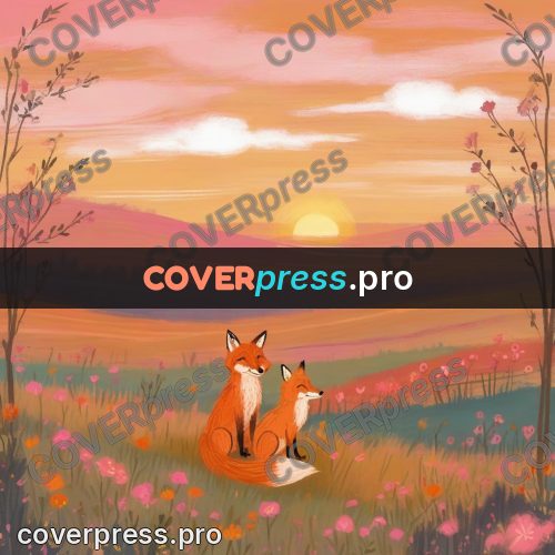 Wax crayon drawing: fox on a meadow at sunset