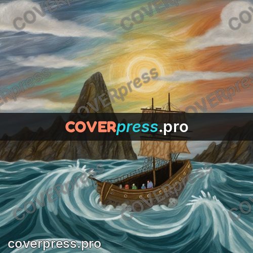 Wax crayon drawing: sailing ship on high waves
