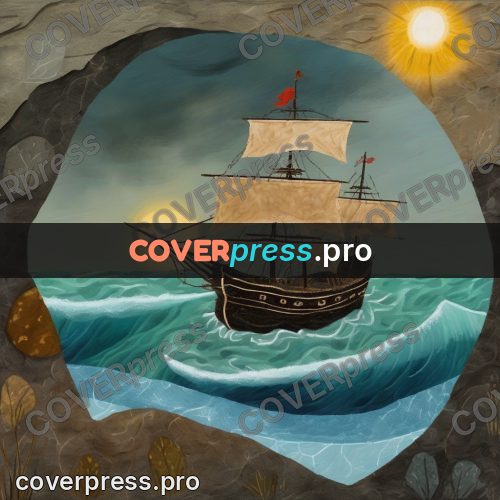 Wax crayon drawing: sailing ship on high waves