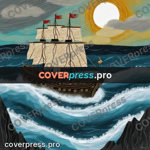 Wax crayon drawing: sailing ship on high waves