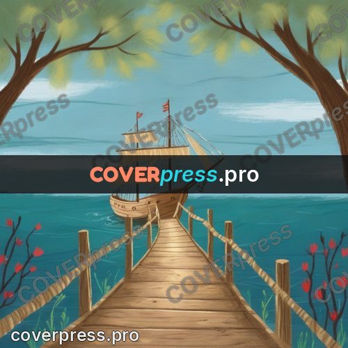 Wax crayon drawing: wooden walkway and a sailboat