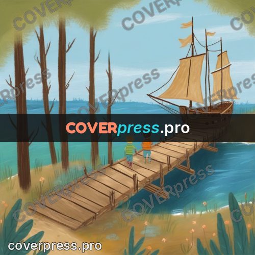 Wax crayon drawing: wooden walkway and a sailboat
