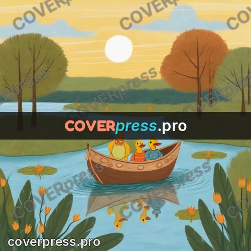 Wax crayon drawing: boat on a pond with ducks