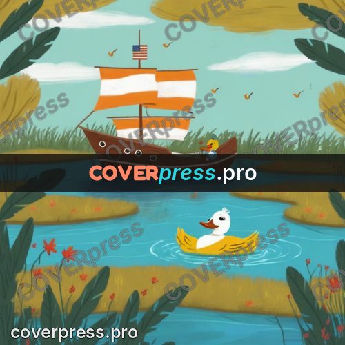 Wax crayon drawing: boat with a duckling on water