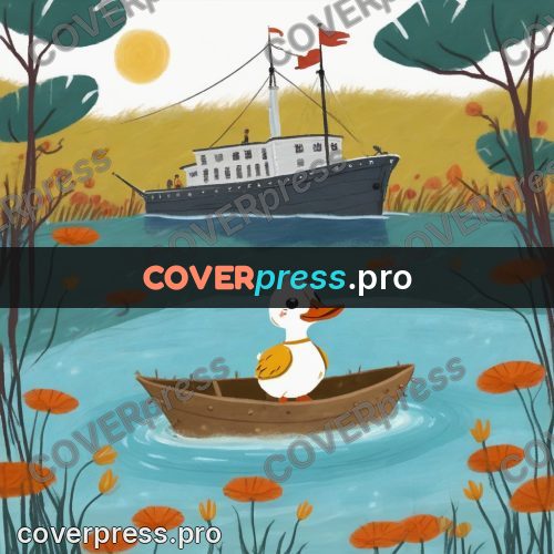 Wax crayon drawing: boat with a duckling on water
