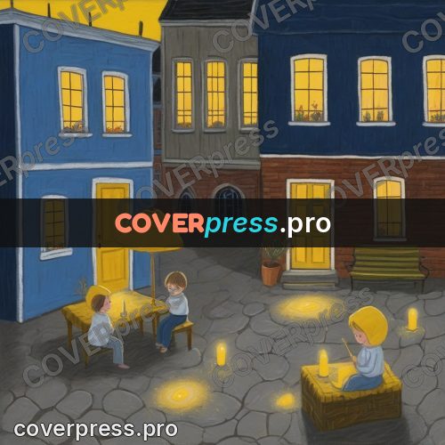Wax crayon drawing: yard with yellow windows at dusk