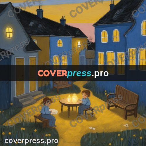 Wax crayon drawing: yard with yellow windows at dusk