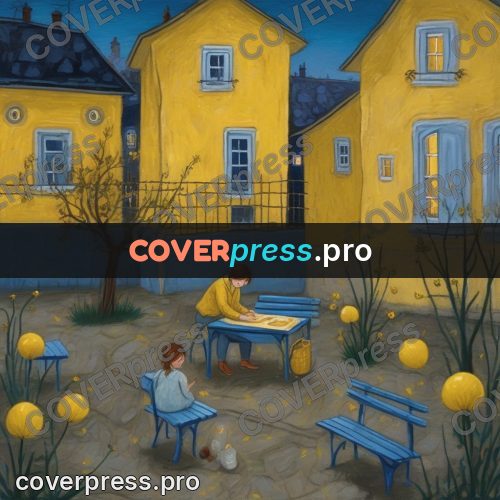 Wax crayon drawing: yard with yellow windows at dusk