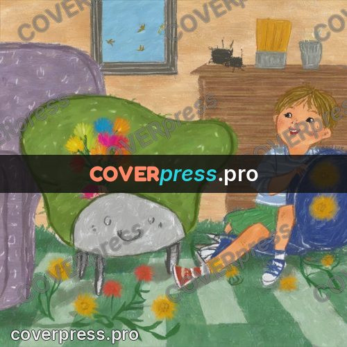 Wax crayon drawing: children at a table with paints