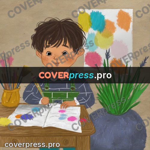 Wax crayon drawing: children at a table with paints