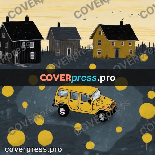 Wax crayon drawing: yellow car in a night yard